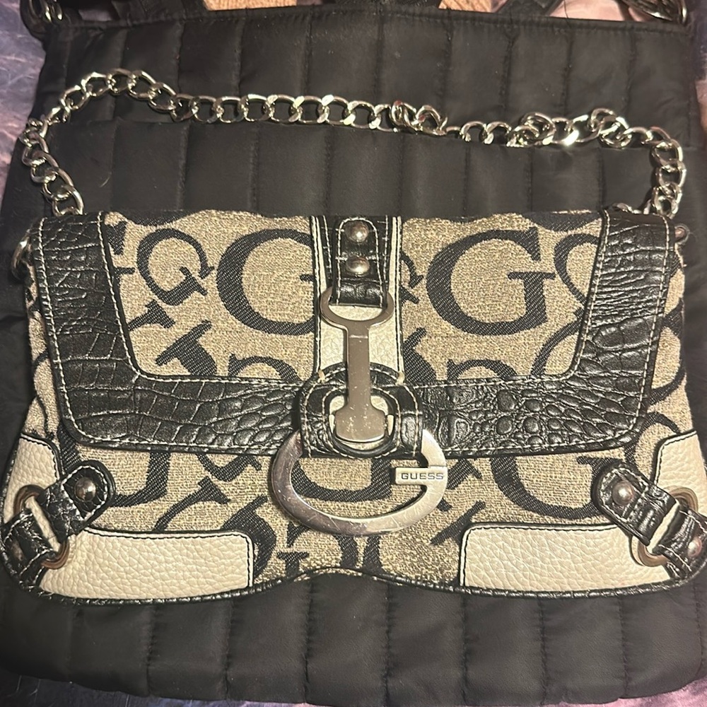 G by Guess Black and Cream Mini Bag with Chain Strap